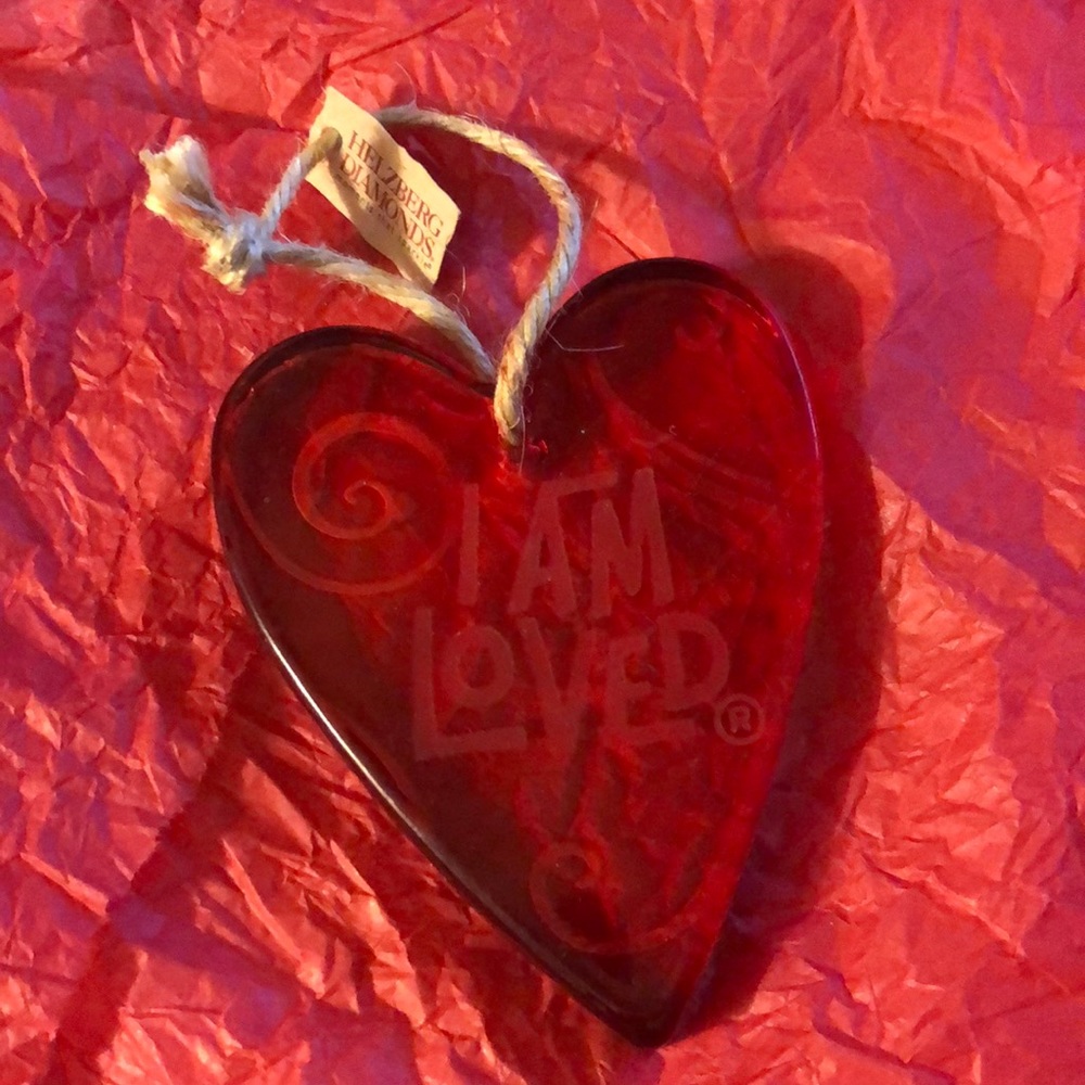 Helzberg Diamonds I am loved vintage ornament with Teddy Bear holding 2 hearts